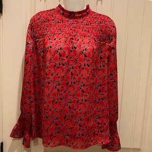 Ann Taylor Women’s Size S Blouse Top High Ruffle Neck Ruching Balloon Sleeves